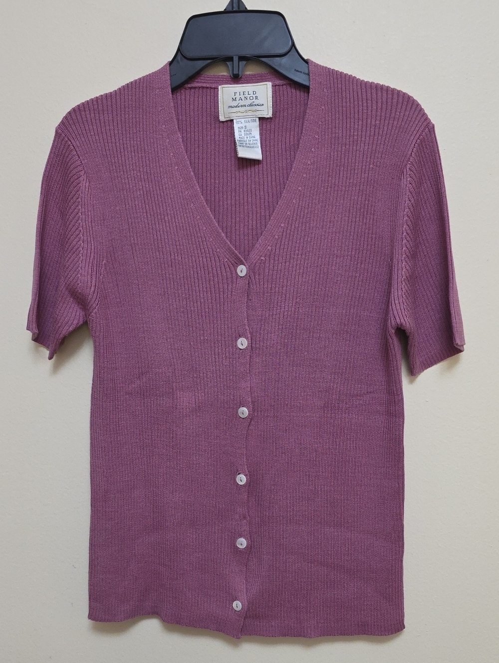 Field Manor Silk Ribbed Button Cardigan in Dusty Rose